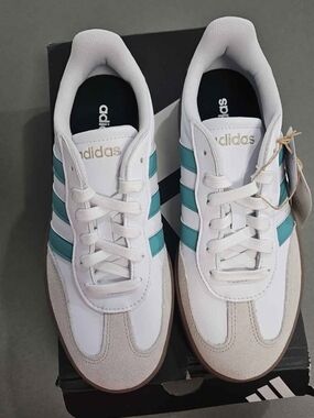 Adidas White Sneakers with Teal Stripes